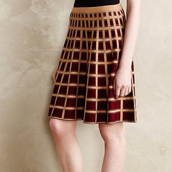ANTHROPOLOGIE Windowpane Skater Skirt Sweater Knit Brown Tan Petite by Moth NEW - Picture 2 of 8